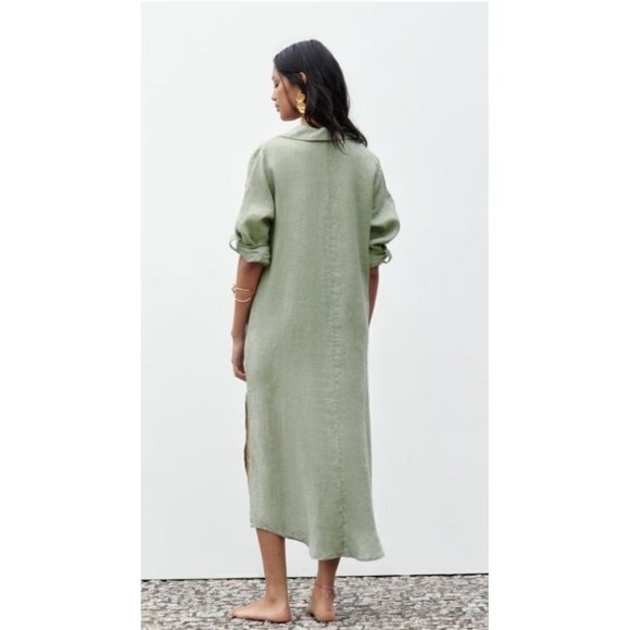 Zara 100% Linen Shirt Dress Long Sleeve Khaki Green Button Front - Picture 7 of 16